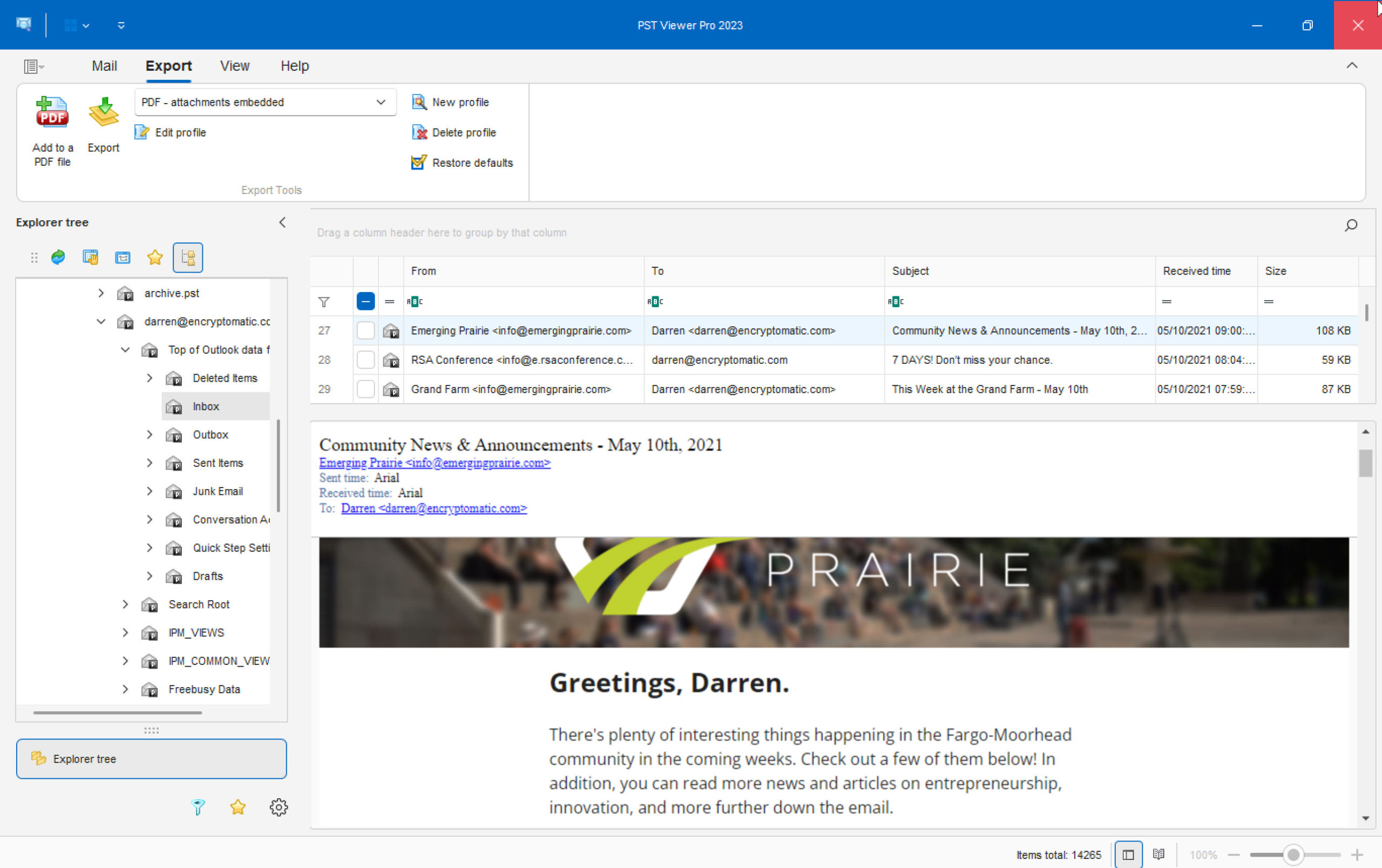 MHT and MHTML viewer for Windows, showing the main viewing screen. MHT/MHTML files are listed, and the selected email is previewed in the viewing pane.