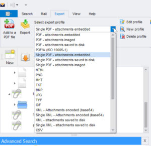 Screen image showing the different file formats that MailDex can convert your email to, including PDF, JPG, XML and many others.