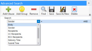 Screen imaging showing how to search MHT/MHTML emails with MailDex. Here we are setting complex search criteria for matching emails.