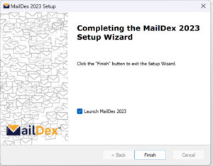Screen image of MailDex email manager, showing the software installation wizard.